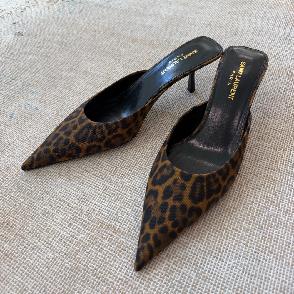Saint Laurent Barbara Leopard Print Pointed Toe Mule